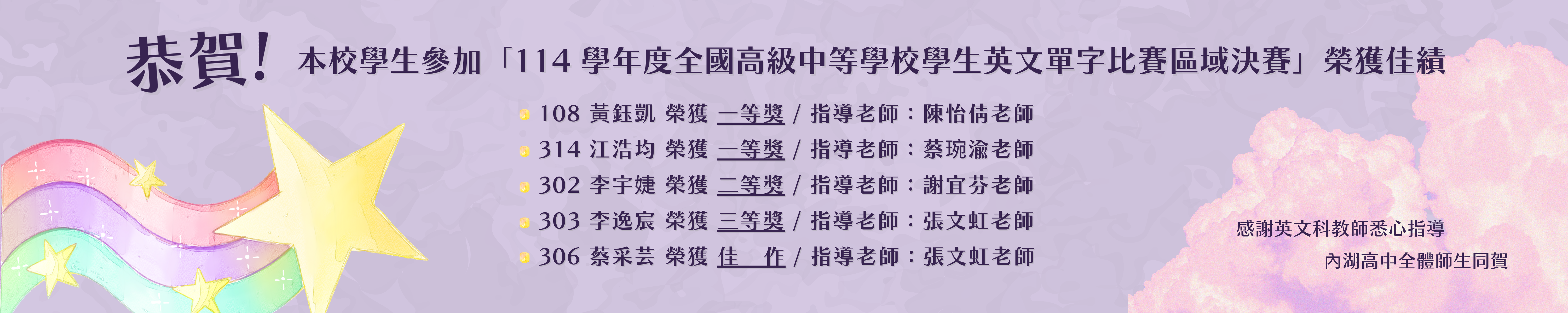賀!本校學生參加114學年度全國高級中等學校學生英文單字比賽區域決賽榮獲佳績